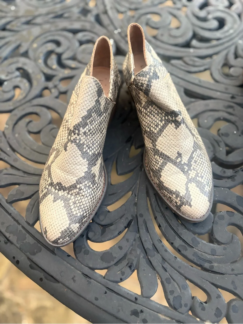 Lucky Brand Snake-Print Ankle shoe bootie in Beige and Gray